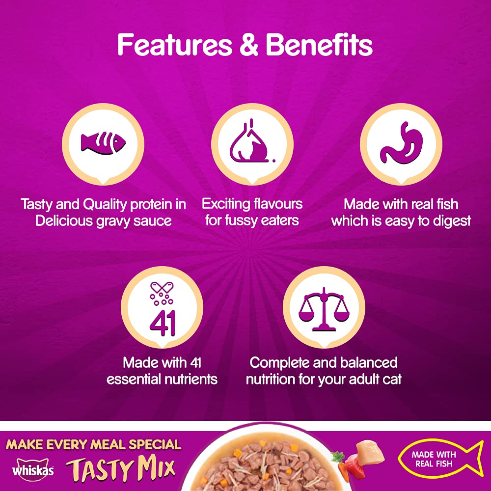 WHISKAS® Adult (1+ Year) Tasty Mix Wet Cat Food Made with Real Fish, Chicken with Tuna and Carrot in Gravy - Pack of 12 - 2