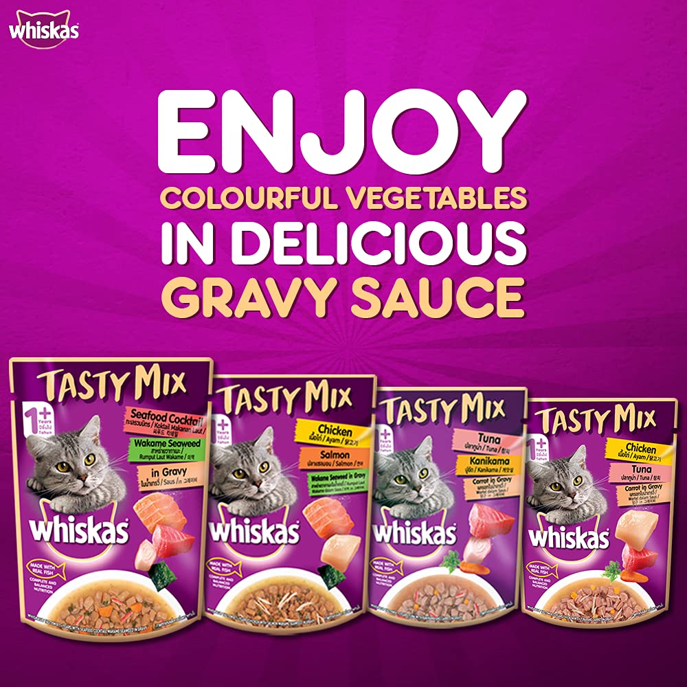 WHISKAS® Adult (1+ year) Tasty Mix Wet Cat Food Made With Real Fish, Chicken With Salmon Wakame Seaweed in Gravy - Pack of 12 - 4