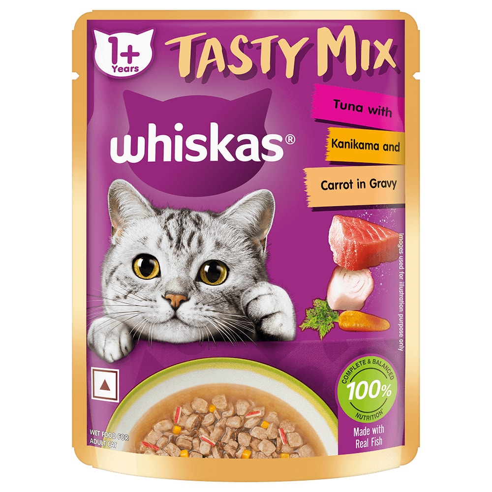 WHISKAS® Adult (1+ year) Tasty Mix Wet Cat Food Made With Real Fish, Tuna With Kanikama And Carrot in Gravy - Pack of 12 - 1