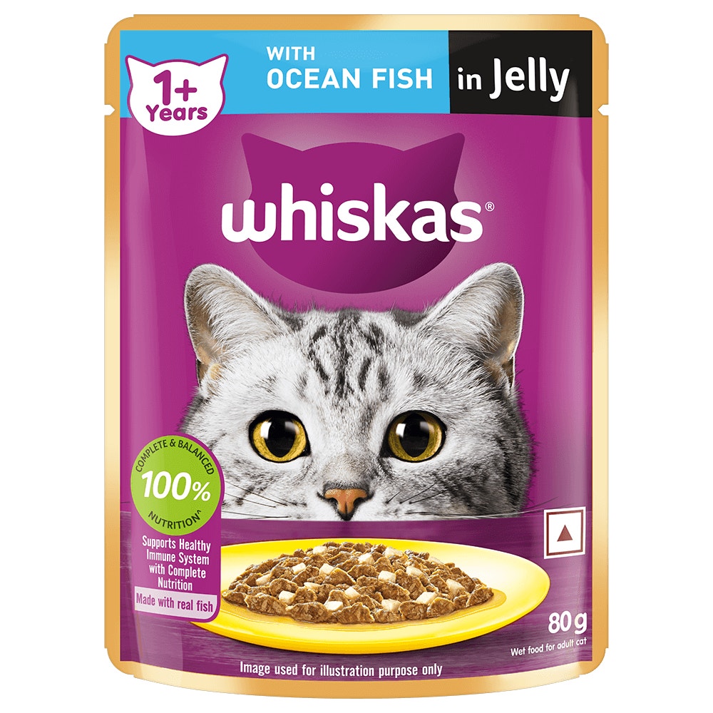 WHISKAS® Wet Cat Food for Adult Cats (1+Years), Ocean Fish, 12 Pouches (12 x 80g) - 1