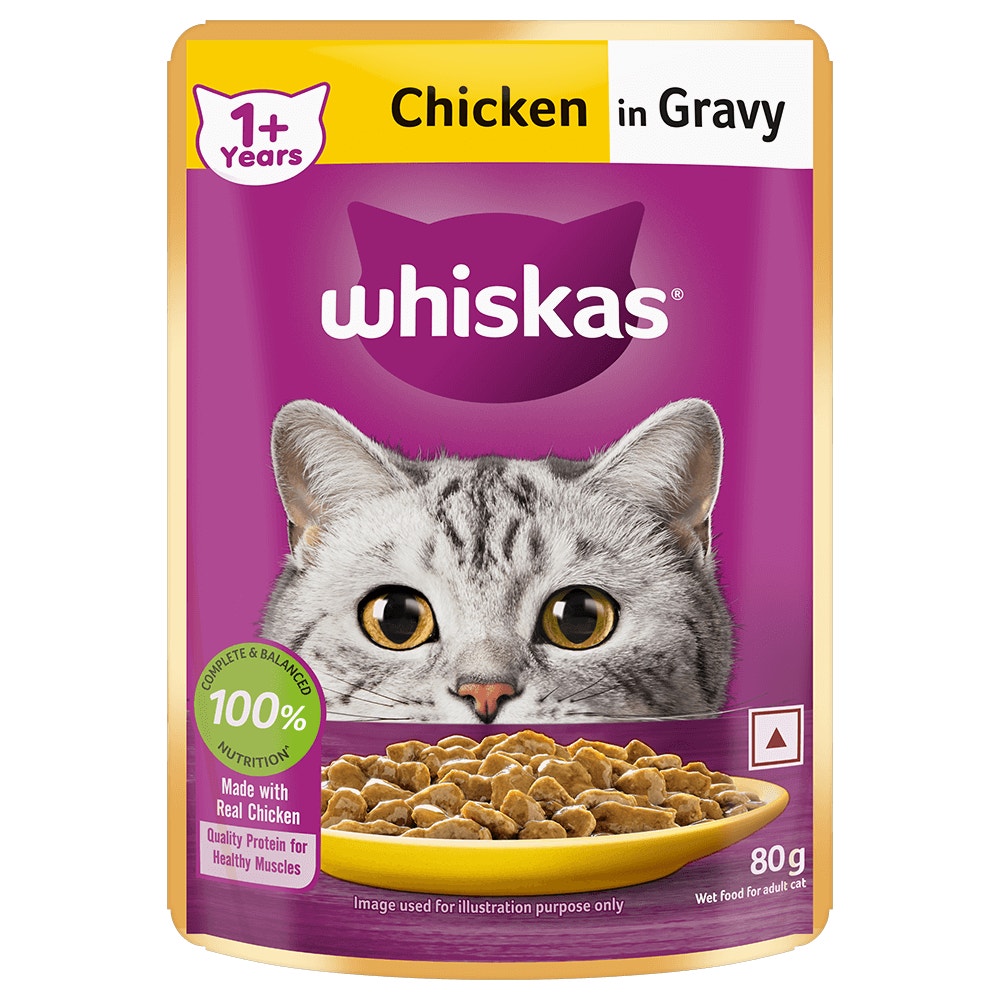 WHISKAS® Wet Cat Food for Adult Cats (1+Years), Chicken in Gravy Flavour, 12 Pouches (12 x 80g) - 1
