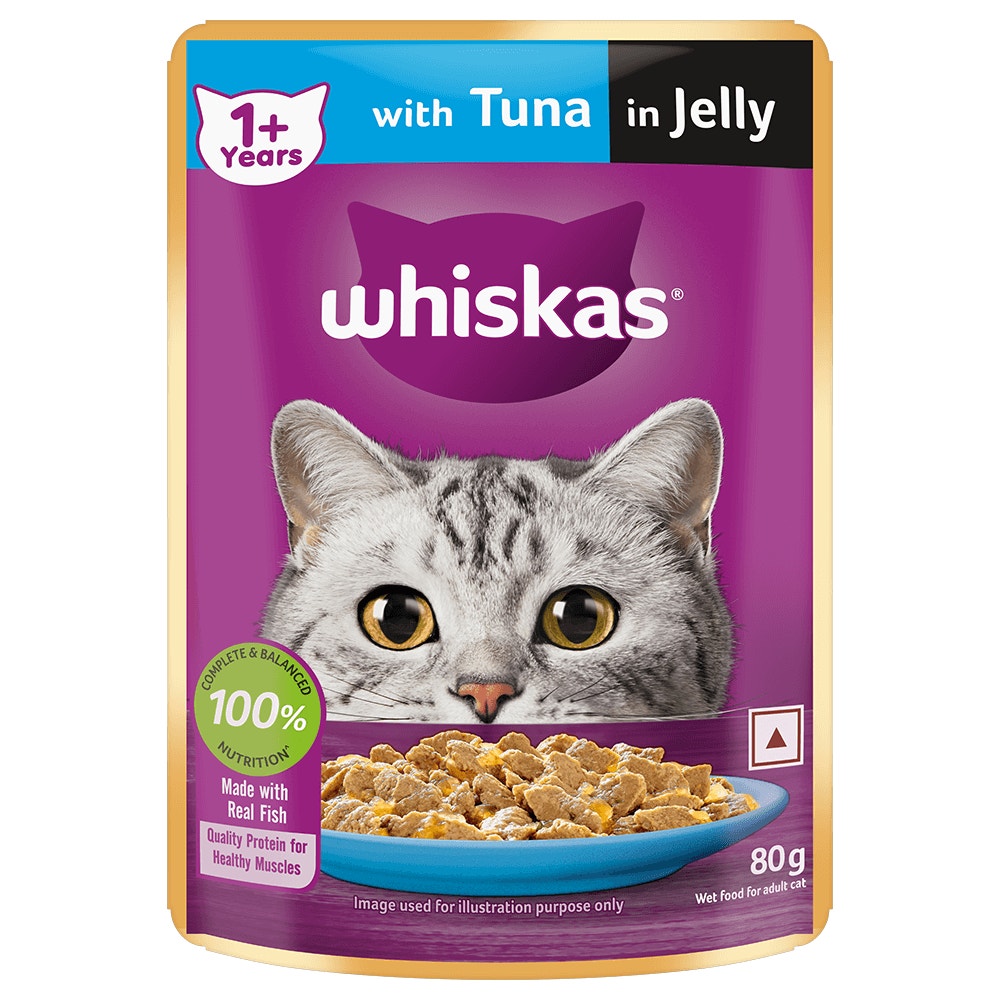 WHISKAS® Wet Cat Food for Adult Cats (1+Years), Tuna in Jelly Flavour, 12 Pouches (12 x 80g) - 1