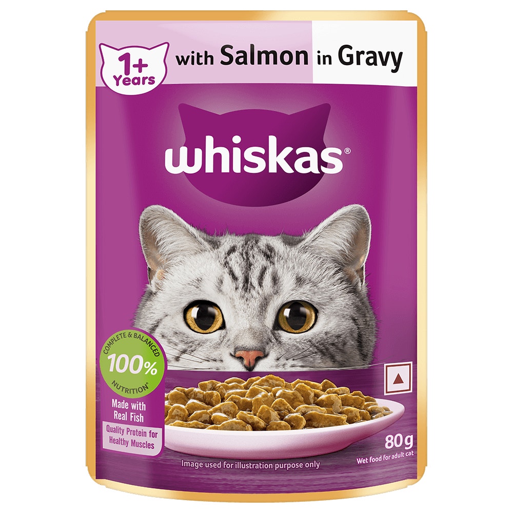 WHISKAS® Wet Food for Adult Cats (1+Years), Salmon in Gravy Flavour, 12 Pouches (12 x 80g) - 1