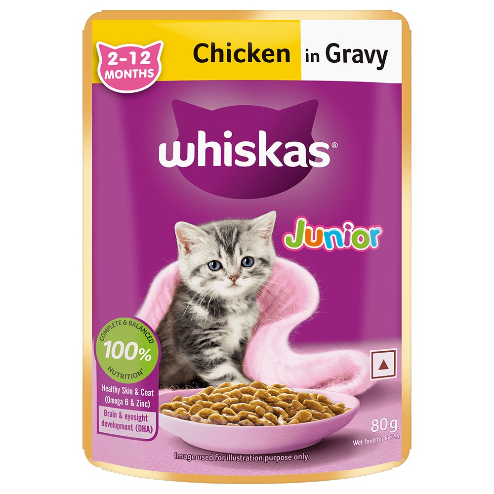 WHISKAS® Wet Food for Kittens (2-12 Months), Chicken in Gravy Flavour, 12 pouches (12x 80g) - 1
