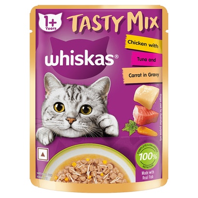 WHISKAS® Adult Tasty Mix Wet Food with Real Fish, Chicken with Tuna and Carrot in Gravy