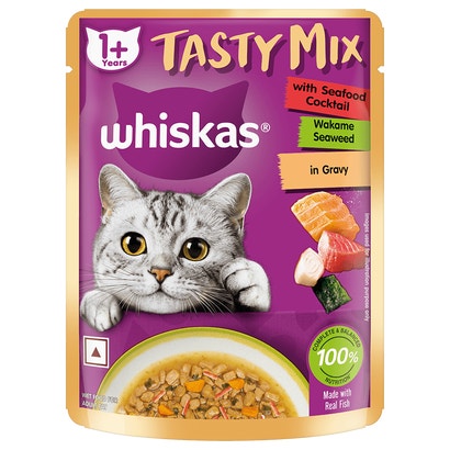 WHISKAS® Adult Tasty Mix Wet Food with Real Fish, Chicken with Tuna and Carrot in Gravy