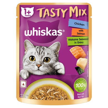 WHISKAS® Adult Tasty Mix Wet Food with Real Fish, Chicken With Salmon Wakame Seaweed in Gravy